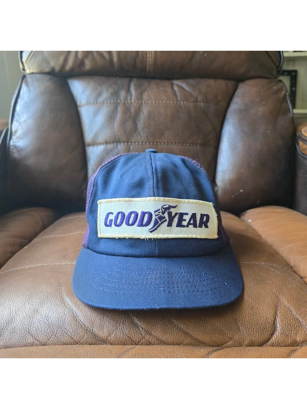 Vintage Goodyear Tire Patch Trucker Hat Snapback Sun Faded Purple Mesh Cap